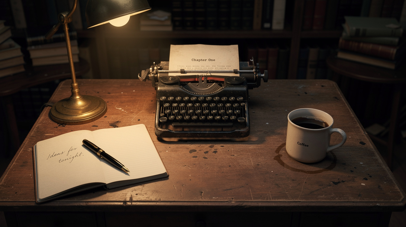 Vintage writing desk with a typewriter, notebook and fountain pen under lamp light