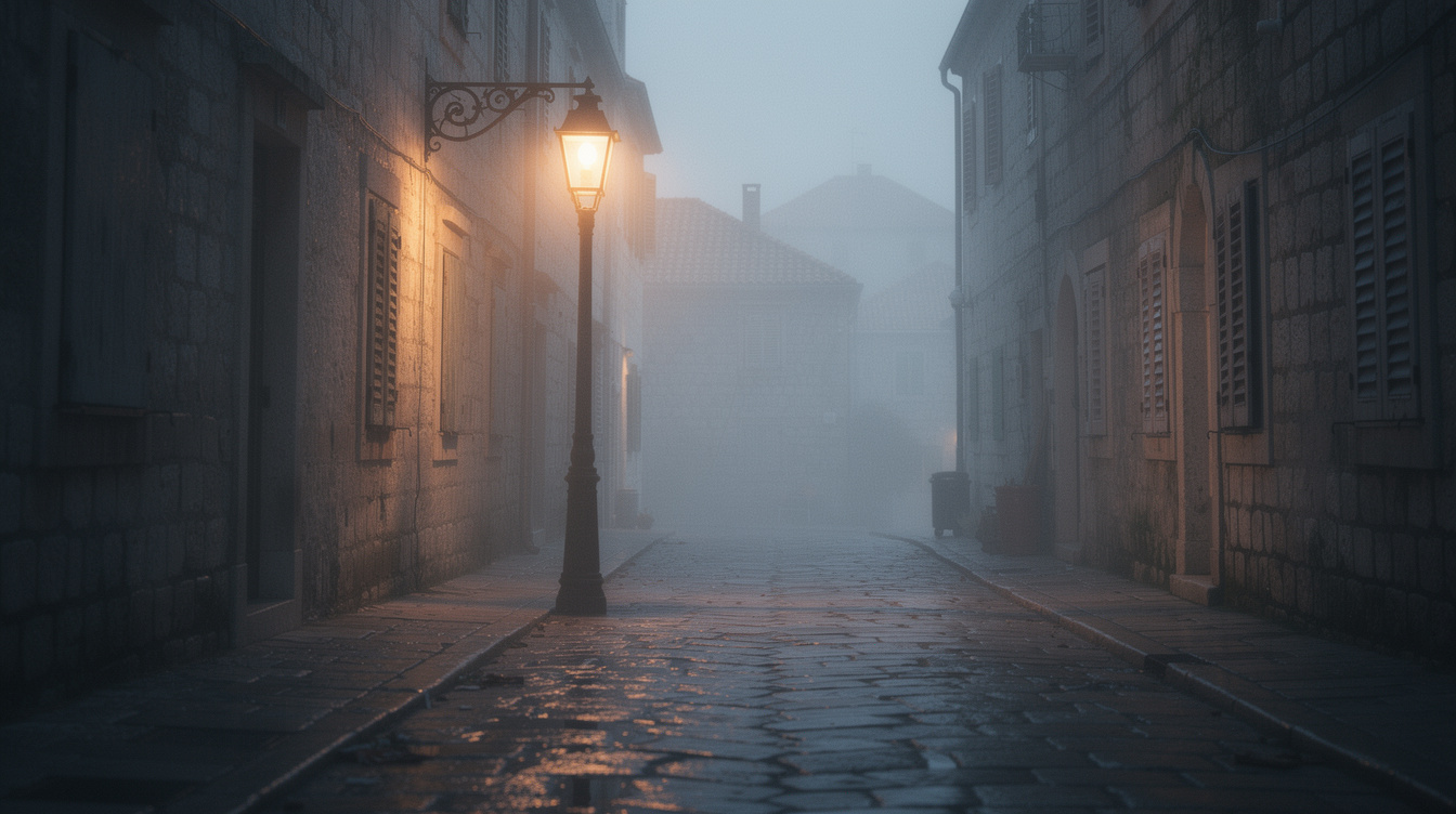 Foggy cobbled street in an old Croatian town at dusk with a glowing lamppost